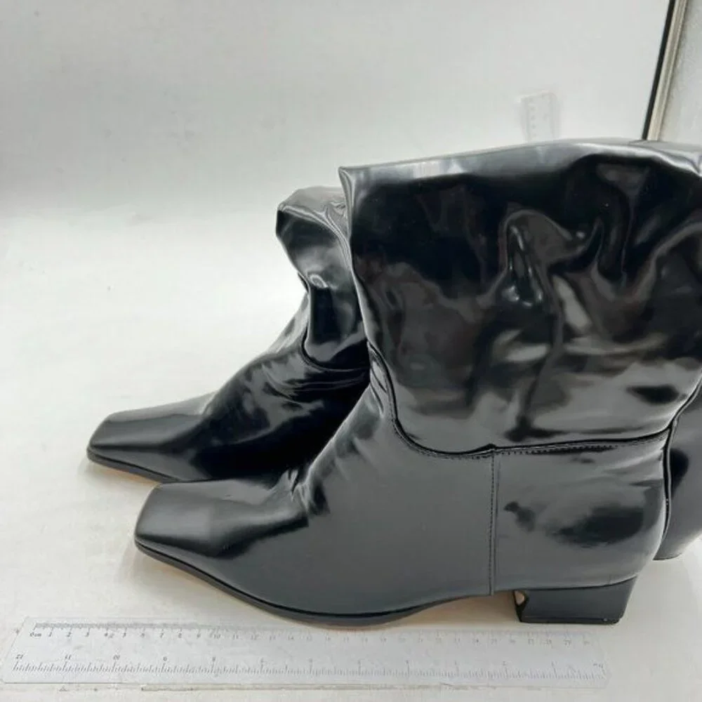 Black Square Toe Knee High Boot Wide Calf Low Chunky Heels Long Boot Party Shoes